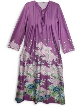 Vintage Floral Housecoat SM Lavender Floral Maxi Tie-Neck Dress Prairie Cottage